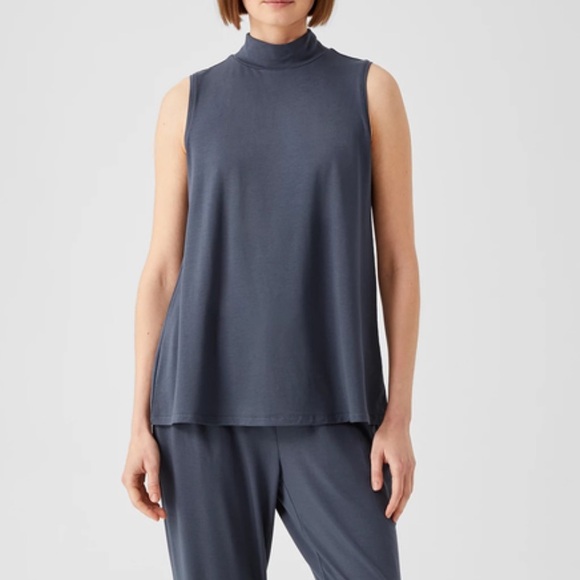Eileen Fisher Tops - Eileen Fisher Fine Jersey Mock Neck Tank Blouse Top Womens Small Blue Minimalist